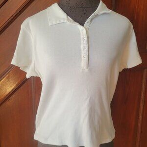 Talbots Womens White Ribbed Polo Shirt S/M Crystal Buttons